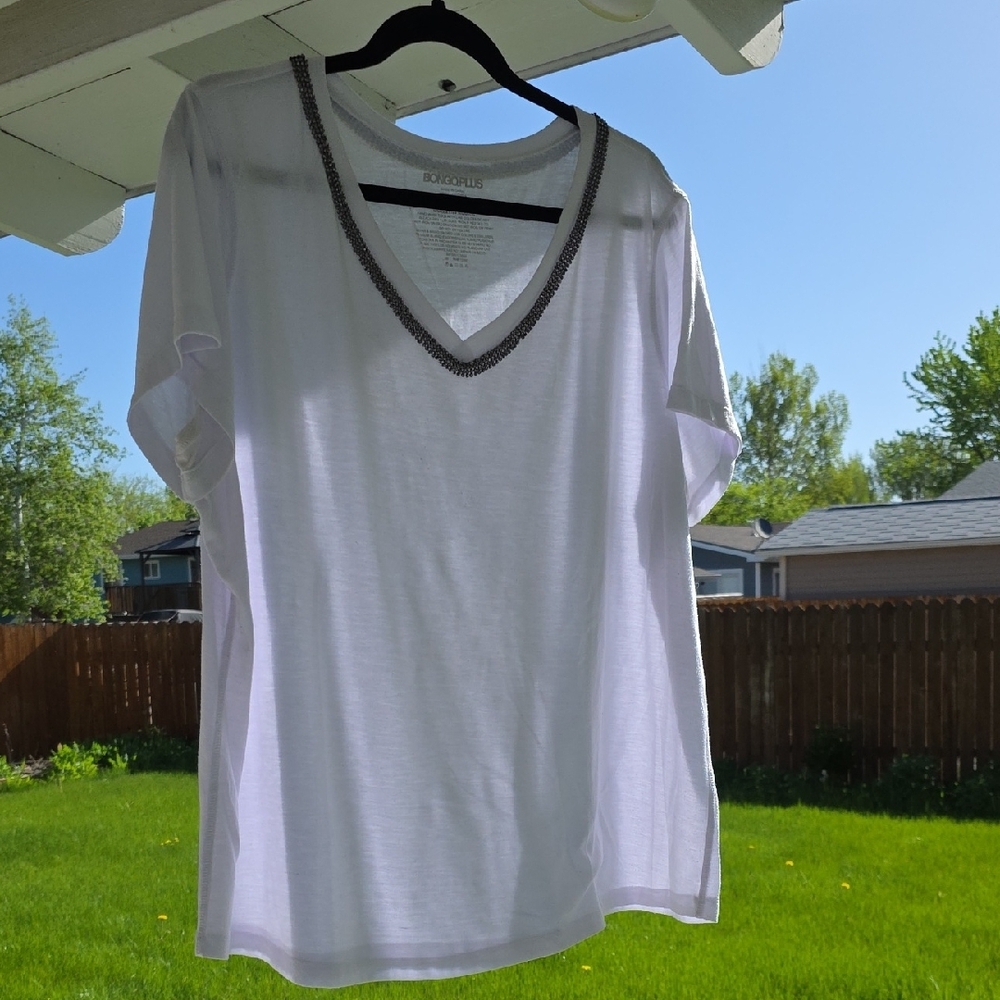 White V-Neck Top with Embellished Trim